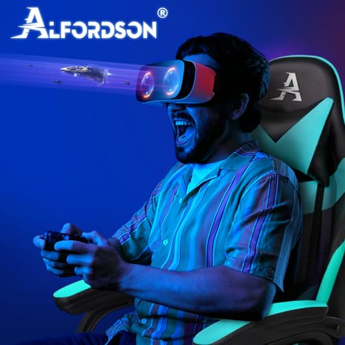 ALFORDSON Silla de Masaje para Juegos, reclinable 150°, ergonómica, con reposapiés, Altura Ajustable, Silla de Carreras, Capacidad de 180 kg, Cuero sintético, Cian - imagen 6