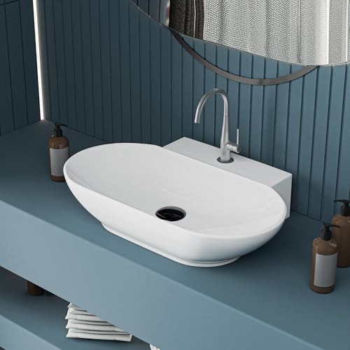 Image of LUXART Tabletop Wash Basin For Bathroom - 22 x 16 x 5 Inc Ceramic Glossy White Countertop & Wall Hung Washbasin | Vessel Sink For Hotel, Dining Hall, Vanity | Over counter Top Washroom Sink