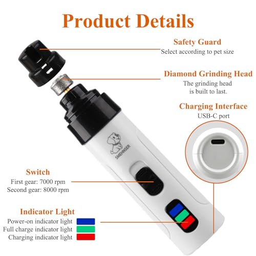 Silent Dog Nail Grinder Cordless Electric Pet Nail Trimmer USB Rechargeable Dog Claw Grinders Low Noise Diamond Bit Nails Clippers File Trimmer for Dogs & Cat - Image 4