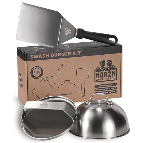 Norzn Brothers Smash Burger Kit Incl. Smash Burger Press BBQ Spatula Metal Cloche Grill Press Meat Press Burger Smasher Press 304 Stainless Steel Food-Grade Material 10-Year Warranty