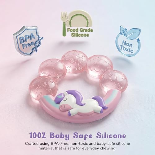 Image of Baybee Soft Silicone Teether for Baby | BPA Free Food Grade Teething Toys for Babies | Easy Grip Unicorn Nipple Teethers for Newborn | Chew & Textured Gum Teethers for 6 to 12 Months Baby(Pink)