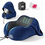 Travel Pillow with Extra Large Hood for Airplane Long Flights Privacy and Comfort Memory Foam with Velvet Cover for Road Trip Head&Neck Support for Plane Office Cars Sleeping & Rest (Navy Blue)