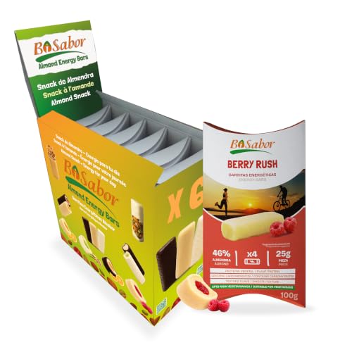 Barritas Energéticas de Almendra con Relleno de Frambuesa Berry Rush | Pack Ahorro 24 Barritas (6 Estuches) | BISABOR