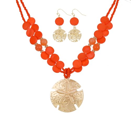 Perla Beaded Statement Necklace and Earrings Set for Women, Gold Medallion Pendant with Starfish Charm Earrings, Fashion Jewelry Set (Orange)