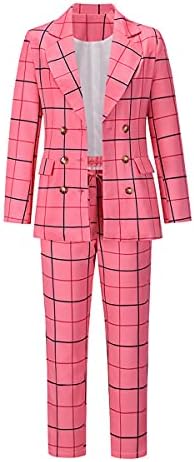 MODFUL Women's 2 Piece Plaid Suit Set Double-Breasted Lapel Blazer and Elastic Drawstring Pants (Rose Red,Medium)