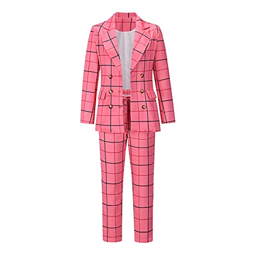 Modful Women's 2 Piece Plaid Suit Set Double-Breasted Lapel Blazer And Elastic Drawstring Pants (Rose Red,Medium) #TOP17