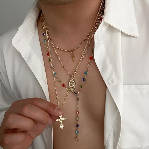 Gold Layered Cross Necklaces For Women, 4Pcs Stack Choker Vintage Pendant Cross Rhinestone Stacking Virgin Mary Necklace Dainty Waterproof Non Tarnish Summer Beachy Jewelry Gifts4