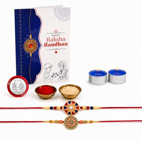 Image of DeoDap Rakhi with Tealight Candle for Brother - Multicolour Round Shape Rakhi 2 Pc with Tealight Candle 2 Pc, Silver Color Coin, Roli Chawal and Greeting Card - Raksha Bandhan Combo for Bhai (Pack of 7)