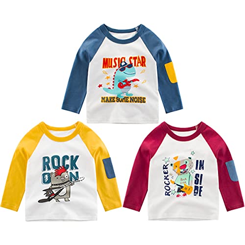 3er Pack Baby Kinder Jungen Rundhals Langarmshirt Baumwolle Shirt Cartoon Dinosaurier Wagen Drucken T-Shirt Tops 120 Cover