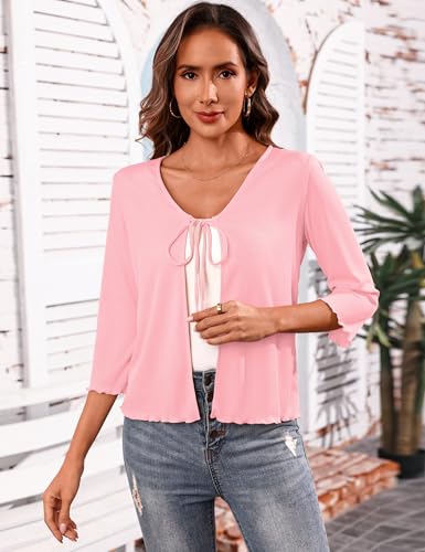 Image of Aiboria Women's Tie Front Shrug 3 /4 Sleeve Ribbed Bolero Lightweight Cropped Cardigan S-XXL