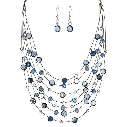 Multi-Layer Boho Shell Beaded Necklace for Women Colorful Crystal Strand with Silver Beads Statement Collars Necklace and Earrings Costumes Jewelry Sets for Women(Blue)
