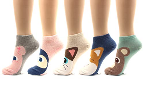 Donoba Low Cut Socks Cat Dog Piggy Cute Funny Animal Design Women Teen Girl (5Pair-Cute Animal) 0-1 #TOP2
