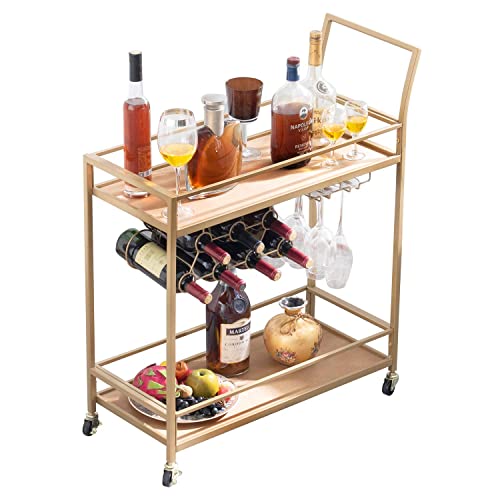 Jbbcn Bar Cart For The Home, Bar Serving Cart On Wheels With Wine Rack And Glass Holder, Kitchen Living Room Storage Cart, Wood& Metal Material, Golden Finish #TOP20