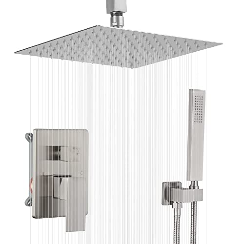 JingGang 10 Inch Ceiling Mounted Shower System Rain Mixer Shower Combo Set Rainfall Shower Head System Brushed Nickel Shower Faucet Rough-in Valve Body and Trim Included