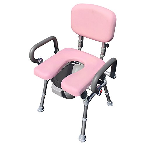 UltraCommode™ Voted #1 Most Comfortable Bedside Commode Chair- Soft, Warm, Padded and Foldable. XL Seat with 100% Open Front, Padded Pivoting Armrests, Adjustable Height. Free Commode Pail. (Pink)