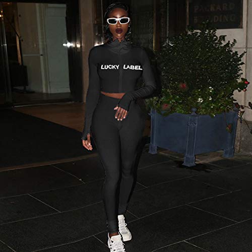 2 Piece Outfits for Women - Casual Two Pc Long Sleeve Crop Top + Skinny Jogger Pants Sweatpants Sets Sweatsuits Tracksuits Jumpsuits Clubwear Black Large - Thumbnail 3