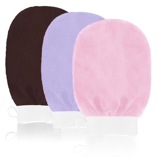 URAQT Guante Exfoliante Corporal, 3pcs Manoplas Exfoliantes, Guante Crin Ducha Unisex, guantes de ducha, Exfoliante Ducha en Belleza, accesorios de baño para Limpiar Euerpo, color marrón, rosa, morado