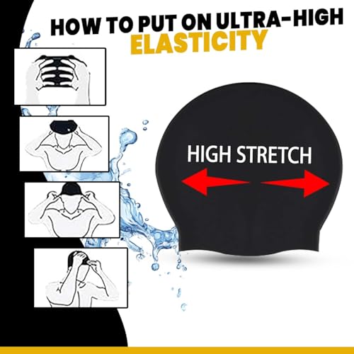 Image of MAJIK Silicone Swimming Cap for Men, Women and Kids Waterproof Swim Cap with Easy Fit Swimming Accessories (Black)