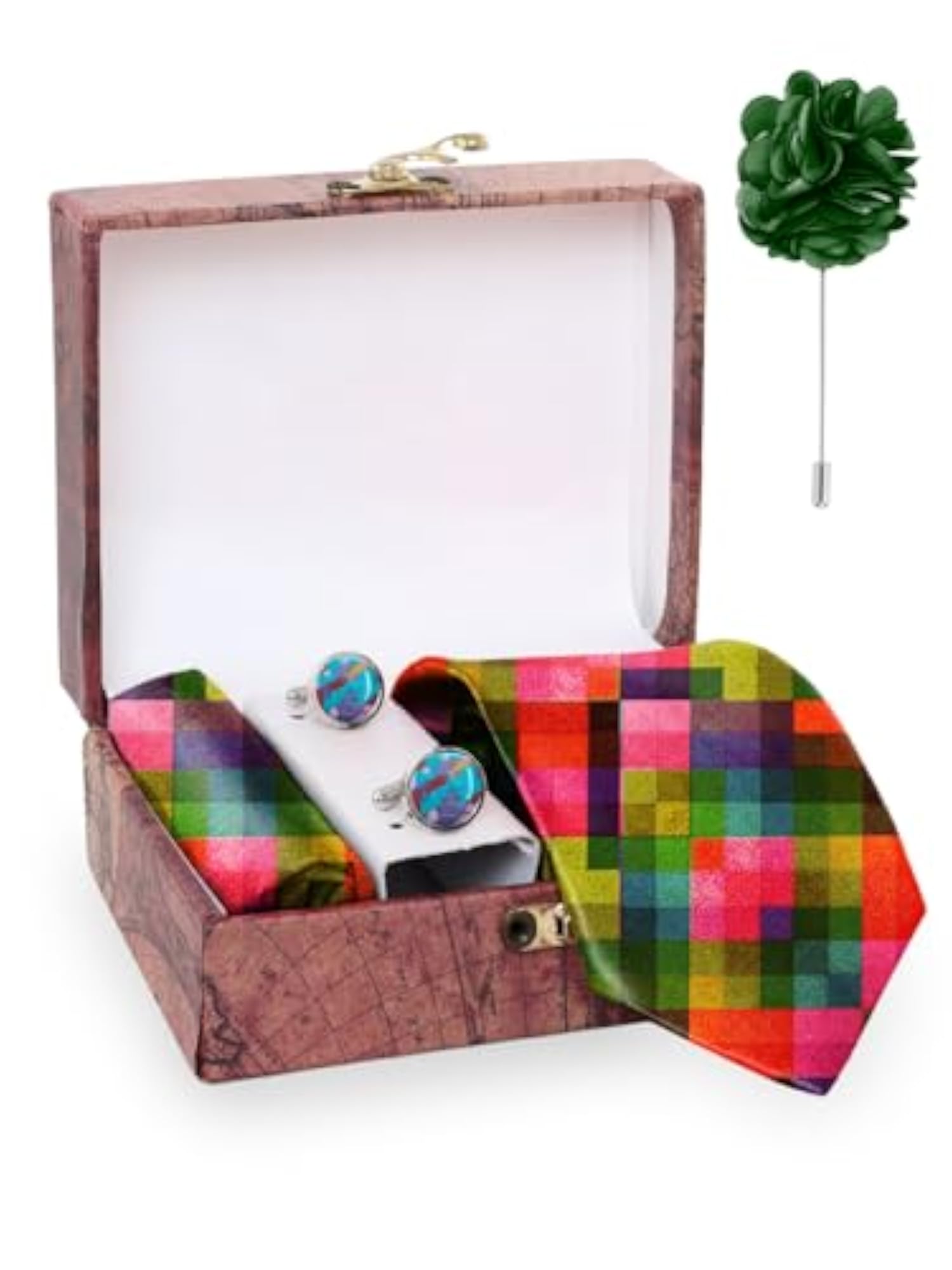 Multicolor Water Checks Printed Tie and Pocket Square Set with Natural Stone Cufflink
