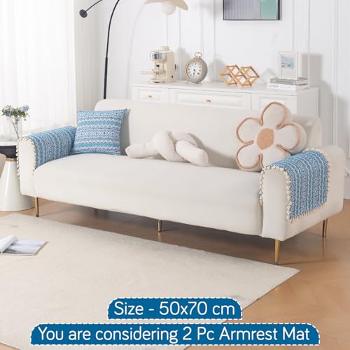 Image of HOKIPO Sofa Arm Cover with Tassel | 300 GSM Thick Cotton Acrylic Jacquard Armrest Mat, 50x70 cm, Pack of 2,'Trivana Series' Aqua Blue (IN-931-J7*2)
