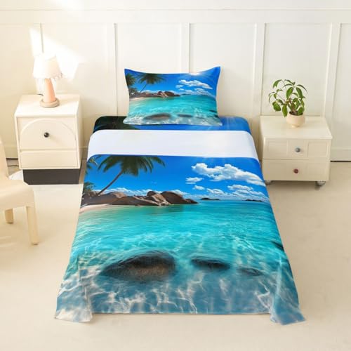 Image of jejeloiu Ocean Beach Bed Sheets Sets Twin Size Kids Boys Girls Blue Sky Sea Bedding Set Tropical Palm Trees Bed Sheet Set with 16-Inch Deep Pockets 3Pcs with 1 Pillow Cases