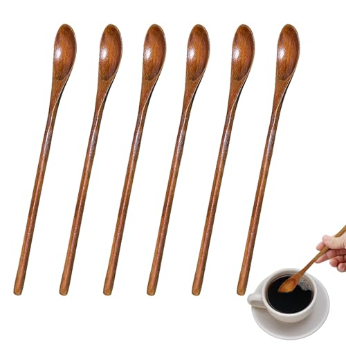 Lot de 6 cuillères longues en bois naturel pour miel, café, thé, boissons