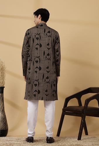 Image of Majestic Man Men's Cotton Regular Fit Casual Mandarin Collar Ethnic Motifs Printed Long Regular Kurta