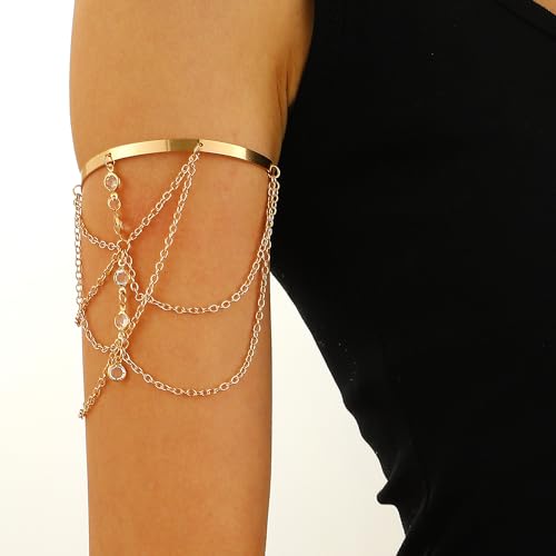 CJIAYUJEW Minimalist Gold Arm Cuff for Women - Layered Tassels Heart Rhinestone Pearl Bracelet Stackable Arm Bangle Jewelry2