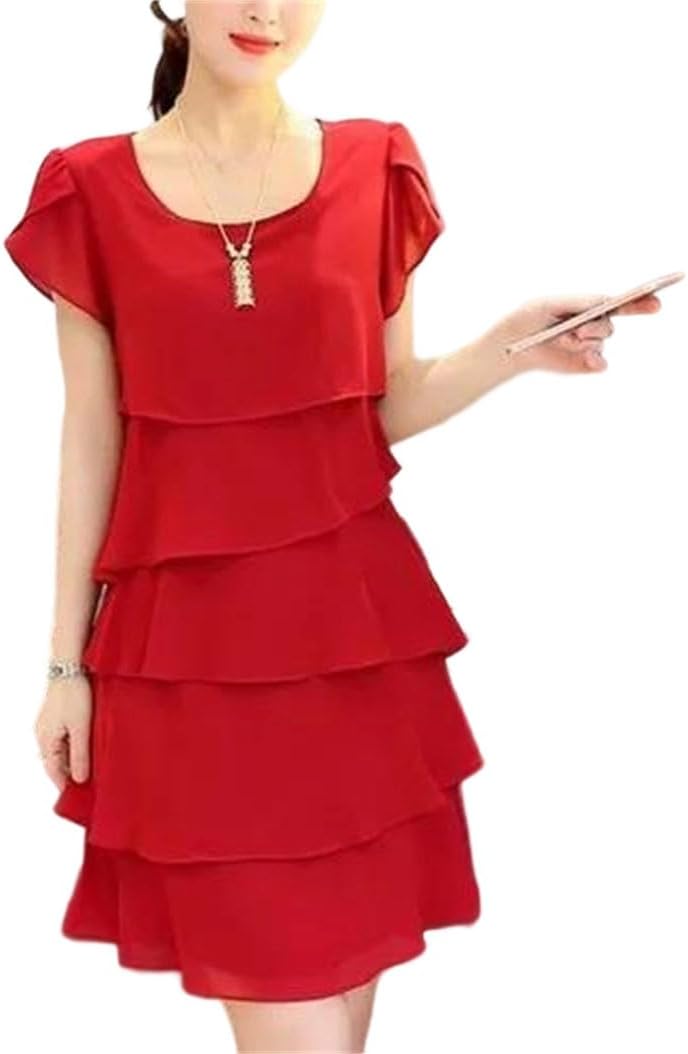 Women Wave Cut Ruffle Short Sleeve Slim O Neck Chiffon Casual Dress