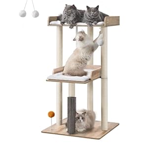 FourFurPets 43.7″ Cat Tree, Modern Cat Tree Tower, Cat Tower for Indoor Cats Large Adult, Big Cat Tree with Scratching Post, Wooden Cat Tree with Large Perch, Cat Condo for Adult cat, Greige