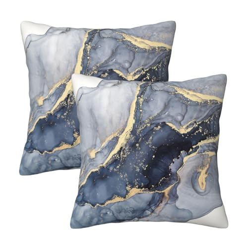 Modern Abstract Marble Blue and Gold Farmhouse Throw Pillow Covers 18x18 Inch Pillow Case Soft Cushion Covers Set of 2 for Sofa Bed Bedroom Car Chair Living Room Home Decorative Deal