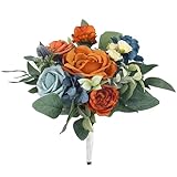 Rinlong 1Pc Fall Wedding Bouquets for Bridesmaids Bride Terracotta Navy Blue Artificial Bridesmaid Bridal Bouquet for Wedding Prom Burnt Orange Navy Blue