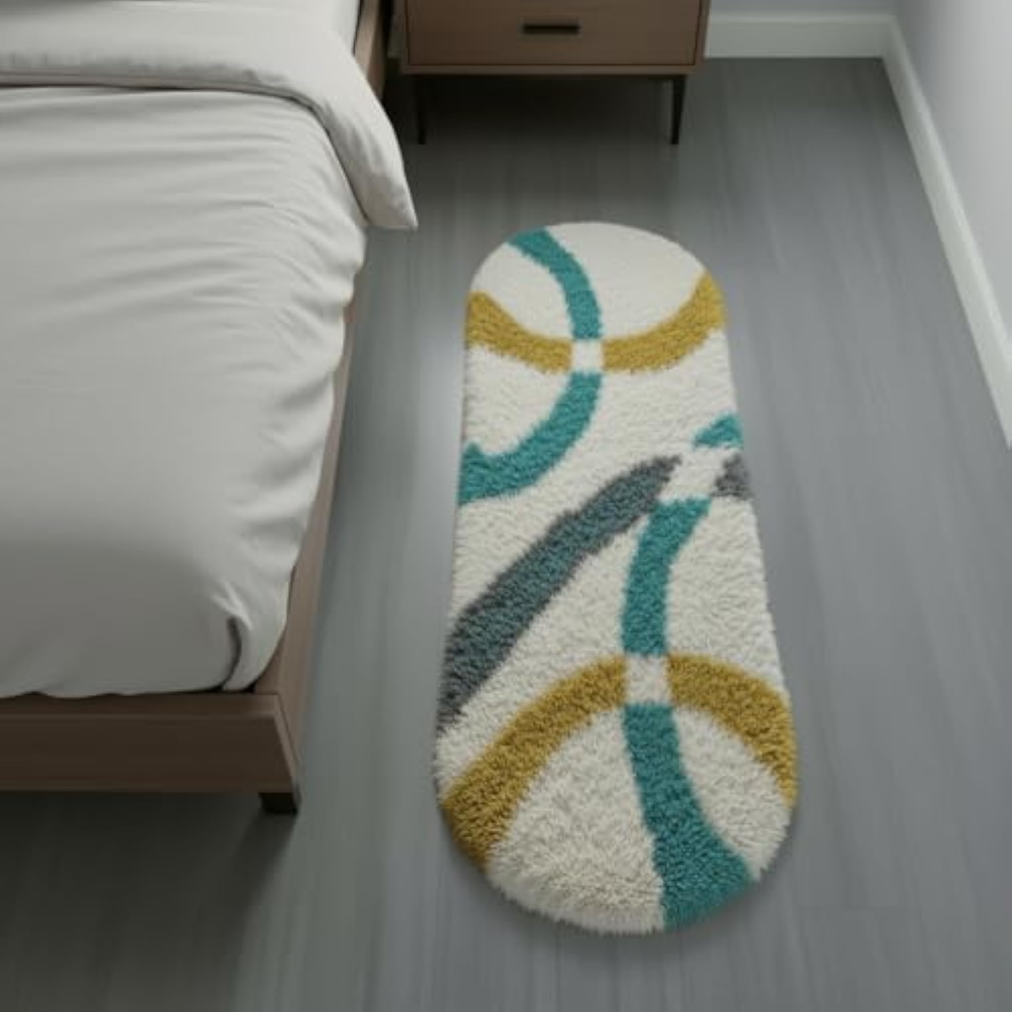 Oval Soft Shaggy Carpet Runner, Geometric Lines