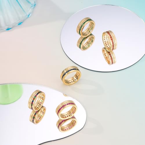 LBJIE Eternity Rainbow Rings Wedding Wide Band Ring for Women Men Champagne Gold Multicolor Cubic Zirconia Ring Size 9