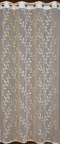 Image of Fabrilia Sheer Tissue Embroidery Curtain for Living Room, Bedroom & Dining Area | Leaf Vine Pattern Net Eyelet Curtain | Cream with Gold Touch Design | 5 feet Long Set of 2 Curtain