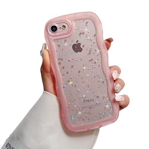 HJWKJUS Compatible with iPhone 6/6S Case for Girls Women,Cute Clear Sparkly Bling Star Design Curly Simple Wave Case Shockproof Protective Slim Soft TPU Glitter Cover for iPhone 6/6s-Pink