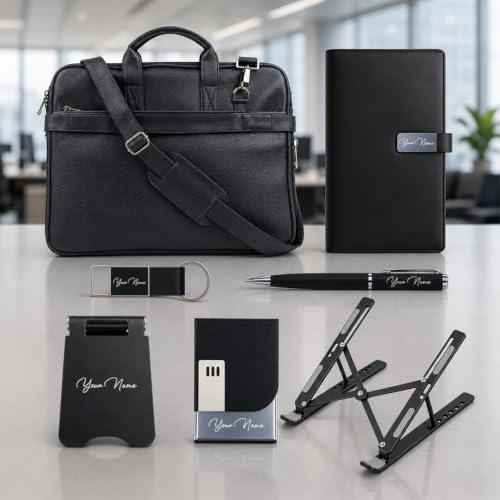 Image of Giftana 7 in 1 Laptop Bag and Laptop Stand with Personalized Diary & Pen, Keychain, Card Holder, Mobile Stand Set, Customized Gift for Husband, Employee Welcome Kit, Corporate Gift for Employees (Black)