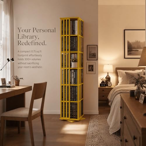 Image of Lauxery 6 Tier Bamboo Rotating Bookshelf Tower for Reading Corner, Gold | 360 degree smooth rotation, 1200 lbs total capacity, 1.71 sq ft small footprint, dual shelf heights, for small space