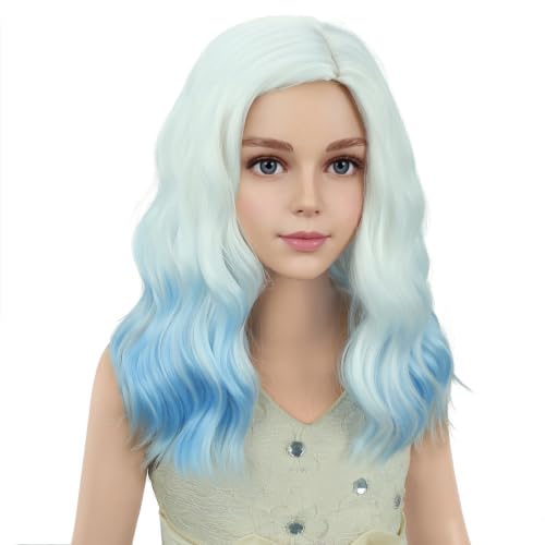 Image of PATTNIUM Girls White Ombre Blue Short Curly Wavy Wigs Side Part Shoulder Length Heat Resistant Synthetic Wig Halloween Cosplay Costume Party Wigs