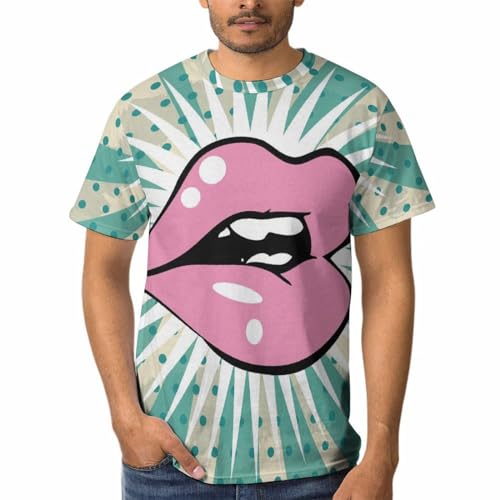 T-Shirt Col Rond pour Homme Lèvres Roses en Coton Doux à Manches Courtes