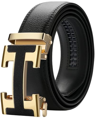 ZXWLZNA Mens Belt Black Leather Ratchet Belts Gold Auto Sliding Buckle Designer Belts Dress Casual Golf Belt Adjustable, 26"-42" Waist Adjustable
