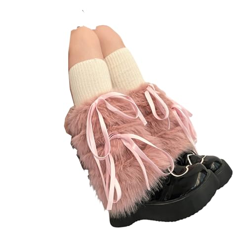Baynoyia Womens Y2K Fuzzy Leg Warmers Faux Fur Fluffy Leg Warmers Bow Tie Boot Cuffs Covers Santa Costume (Bow Pink One Size)