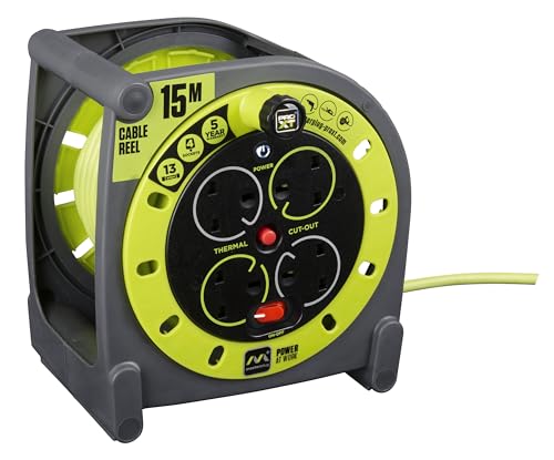 Masterplug Four Socket 15 Metre Premium Case Reel Medium Power Cable Extension Reel Thermal Cut-Out & Power Indicator Heavy Duty Pro-XT Grey/Green 13A 4G 15m HMU15134SL
