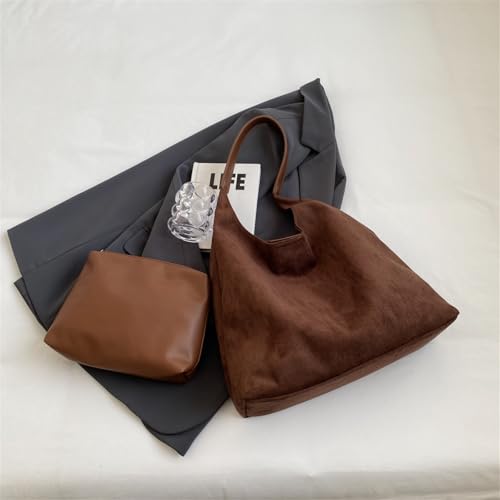 Jkahh 468461540546 Slouchy Suede Bags For Women Retro Tote Bag Suede Slouchy Bag Hobo Handbag Office Daily Casual Bags Tote Handbag-With Pu Leather Clutch Purse-Dark Brown thumb #3