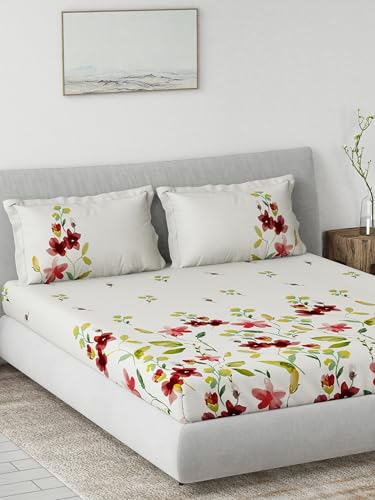 Image of DDECOR Live beautiful Cotton Queen Bed Sheet Set with 2 Pillow Covers (229 CM X 274 CM, Red) Digital Print Classical 145TC GSM