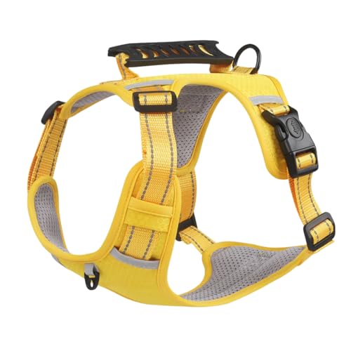 【犬用ハーネス 全サイズ対応】超小型犬〜大型犬用|引っ張り防止|一体型ソフトハーネス|反射素材・安全設計|夜間散歩OK|背面ハンドル付き|中型犬・大型犬対応|調整可能サイズ|快適フィット・通気性|ペット用胴輪 背負い式リード対応 (イエロー,S)