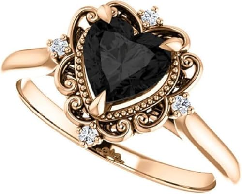 Vintage Halo Black Heart Ring 10K Rose Gold, Victorian 1 CT Heart Onyx Ring, Antique Diamond Engagement Ring, Black Moissanite Ring, Perfact Gift for Wife2