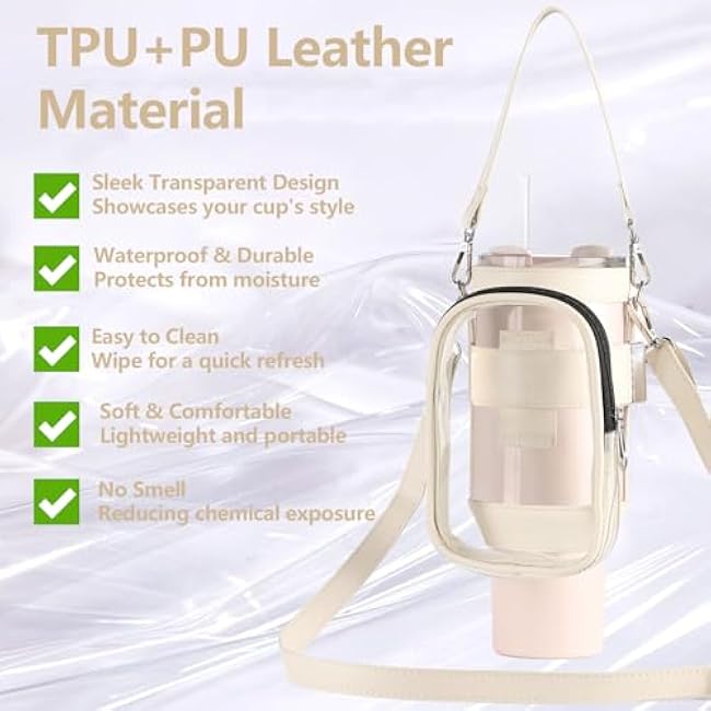 Clear Water Bottle Carrier Bag with Phone Pocket for Stanley Cup 40oz,with Adjustable Shoulder & Handheld Strap Stanley Cup Accessories Edging for Concert Sports (Beige)