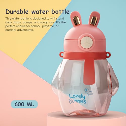 Image of Baybee Lovely Bunnies Kids Water Bottle 600ml | BPA Free & Leakproof Safe Sipper Bottle with Straw | Cute Rabbit Design Smooth Sipping with Handle & Neck Strap, Flip Lid for School Kids & Babys (Pink)