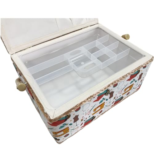 JYC CREATIVE Large Empty Wooden Sewing Box, Fabric Lined Sewing Box with 8 Compartments, Organizer with Pin - Image 2